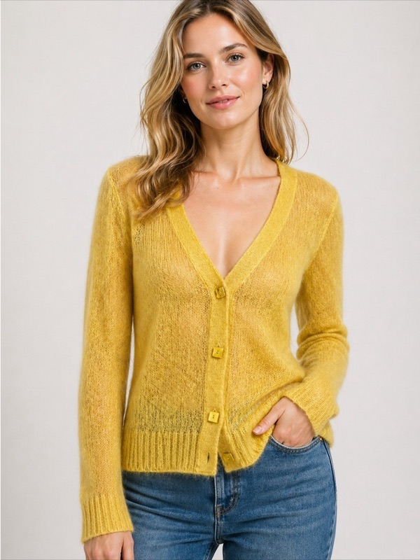 A yellow mohair cardigan worn open over a white top